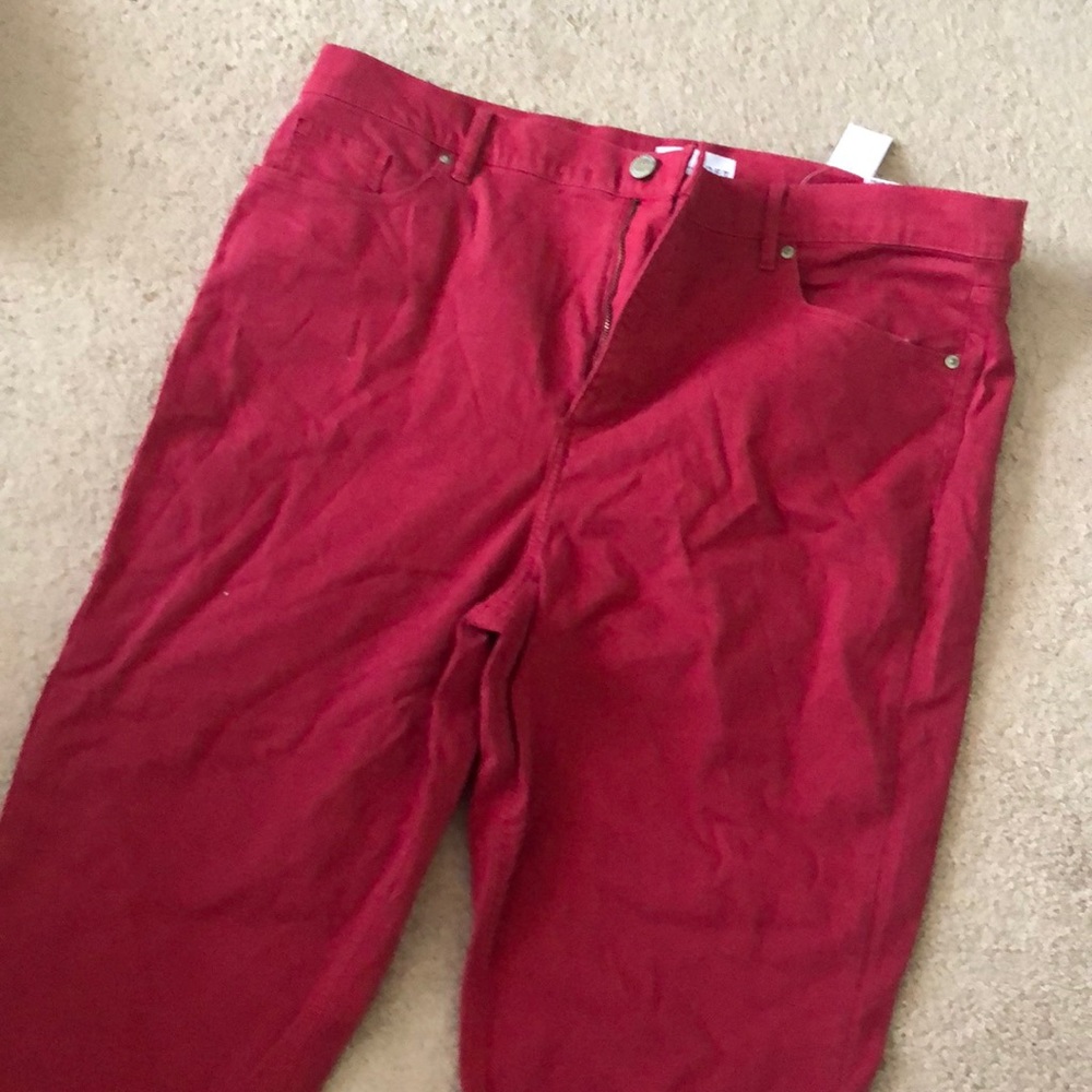 Red loft pants with fringe on bottom